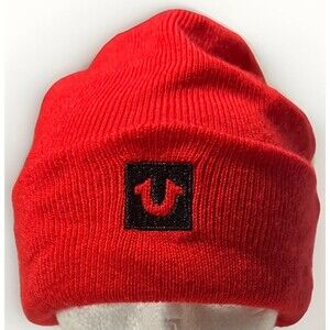 True Religion Hat Cap Fitted Adult One Size Red Horseshoe Winter Beanie